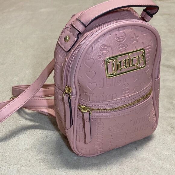 Juicy Couture Pastel Pink Mini Backpack Bag Purse Gold Logo Emblem Relief Print - Picture 1 of 12